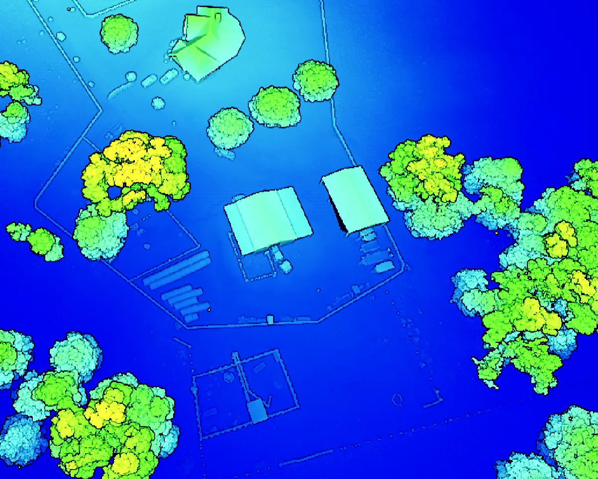Colorized aerial LiDAR point cloud of a residential property, classified by height: blue ground and hardscape, cyan outbuildings, and tree canopy ramped from green through yellow.