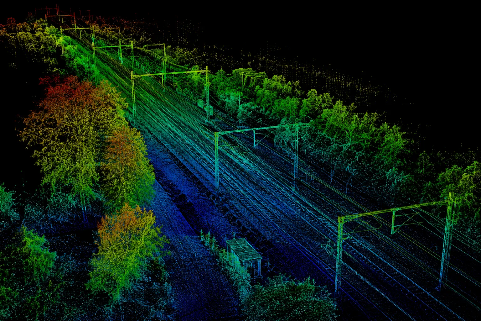 Colorized aerial LiDAR point cloud of a multi-track rail corridor with overhead catenary gantries and trackside trees, height-shaded from blue through green to red.