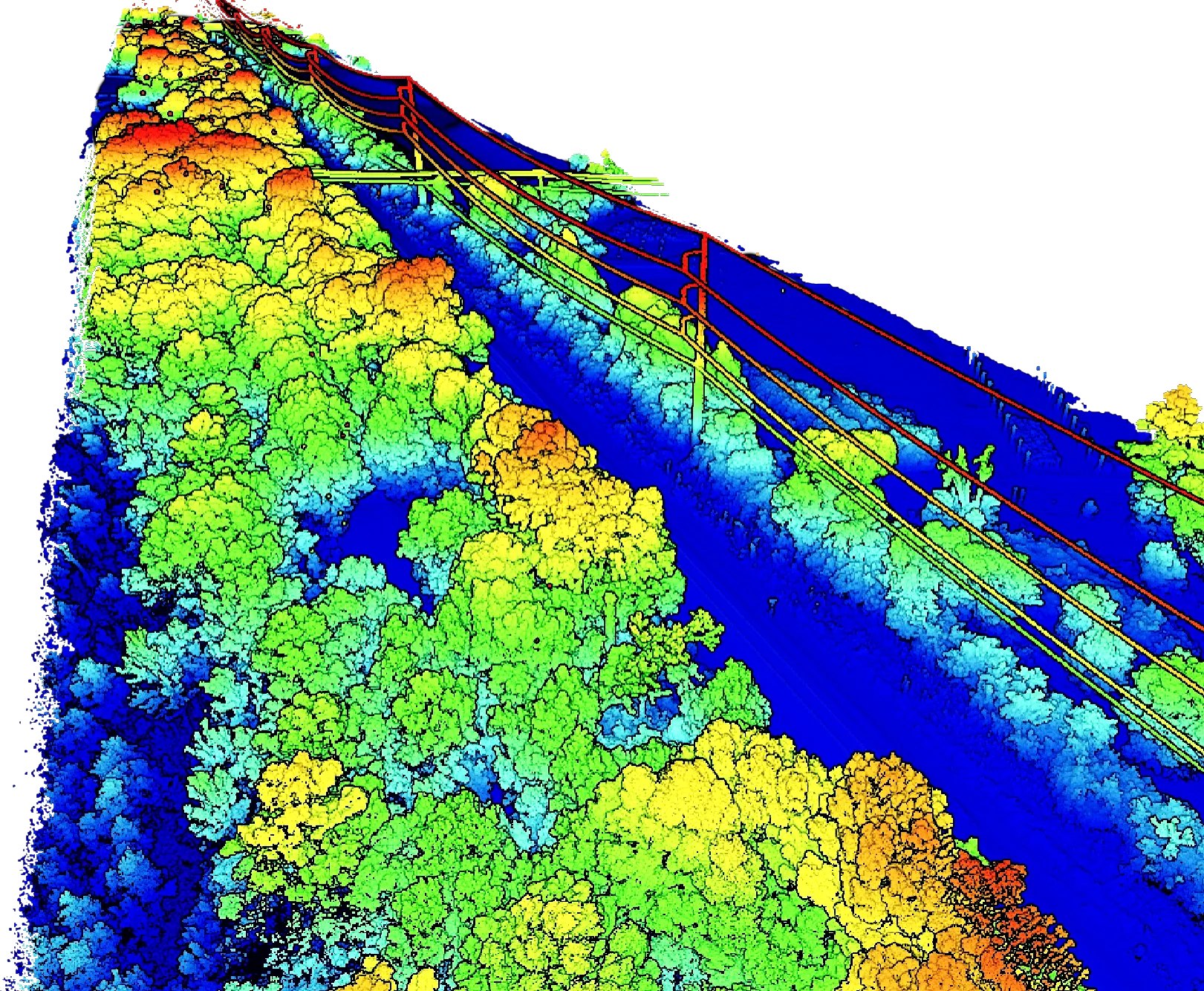 Colorized aerial LiDAR point cloud of a railway corridor: dense height-shaded tree canopy ramped from blue through green and yellow to red, flanked by overhead catenary conductors receding along the tracks.